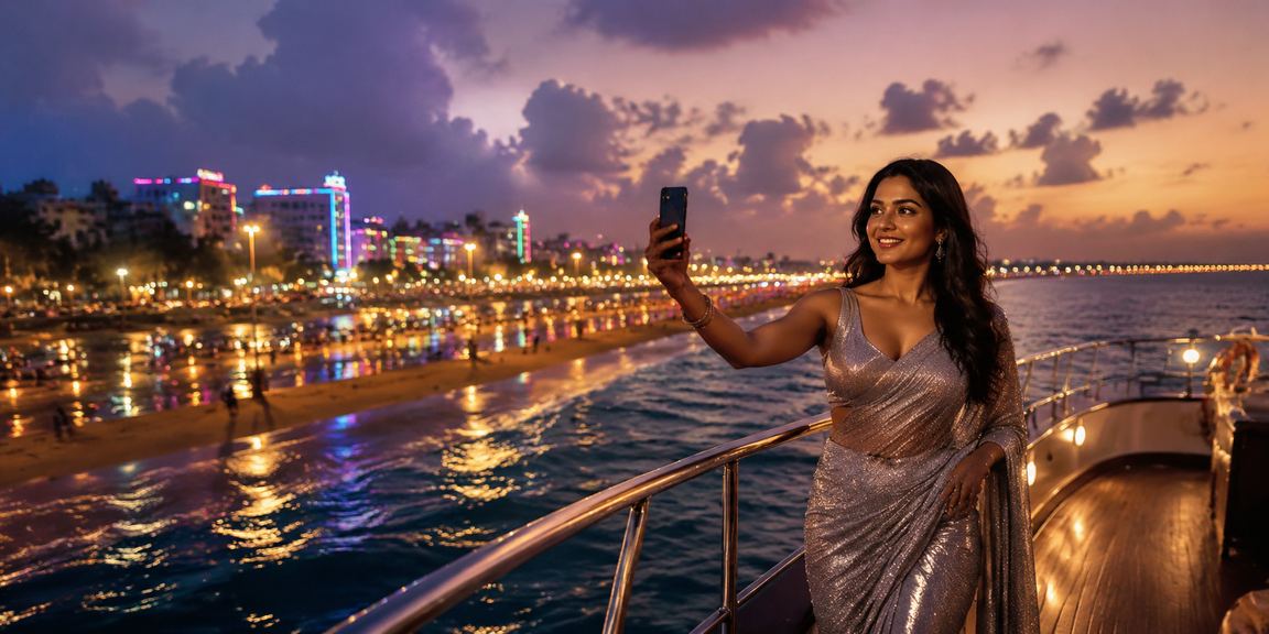 Neon-lit Chennai Marina Beach at night with casino mobile gaming vibe