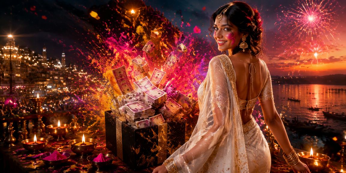 User interacting with online casino app in traditional Indian saree