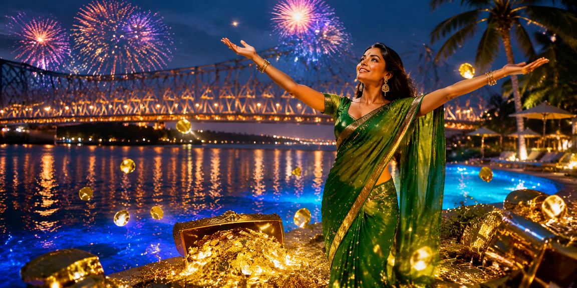 Excited player placing bets near Howrah Bridge in Kolkata with festive saree